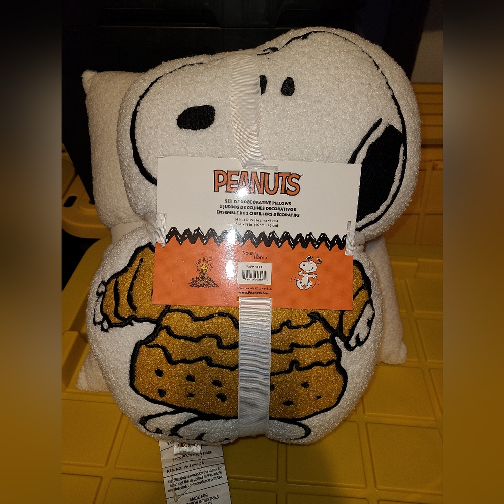 2 Autumn Peanuts Snoopy Pillows with Yellow Sweater & Jumping In Leaves